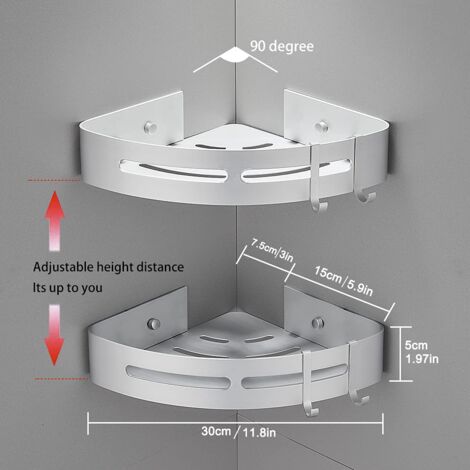 No-Drill Bathroom Corner Shelves with Removable Hooks Aluminum Adhesive ...