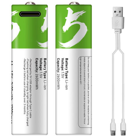 Type-Port Rechargeable Lithium AA Battery 1.5V 2600mWh - High Capacity, Fast Charging, Environmentally Friendly - Ideal for Electric Doorbell - 2 Battery Kit