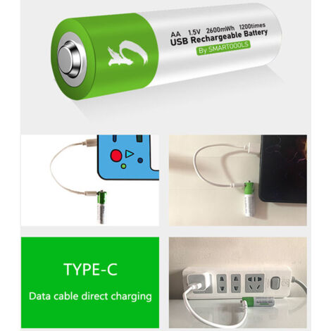 Type-Port Rechargeable Lithium AA Battery 1.5V 2600mWh - High Capacity, Fast Charging, Environmentally Friendly - Ideal for Electric Doorbell - 2 Battery Kit