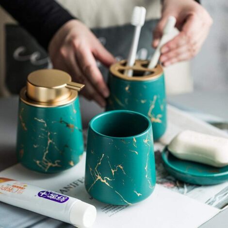 Piece Marbled Ceramic Bathroom Accessories Set - Soap Dispenser, Toothbrush Holder, Tumbler, Soap Dish (Dark Green)
