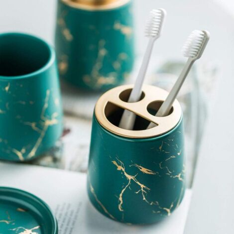 Piece Marbled Ceramic Bathroom Accessories Set - Soap Dispenser, Toothbrush Holder, Tumbler, Soap Dish (Dark Green)