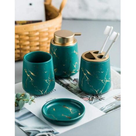 Piece Marbled Ceramic Bathroom Accessories Set - Soap Dispenser, Toothbrush Holder, Tumbler, Soap Dish (Dark Green)