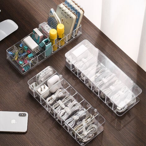 1pc Transparent Power Cord Storage Box, with 8 Compartments + 10 Cable Management Straps, Mobile Data Cable Management Storage Box, Transparent Plastic Electronic Storage Box, Suitable for Office