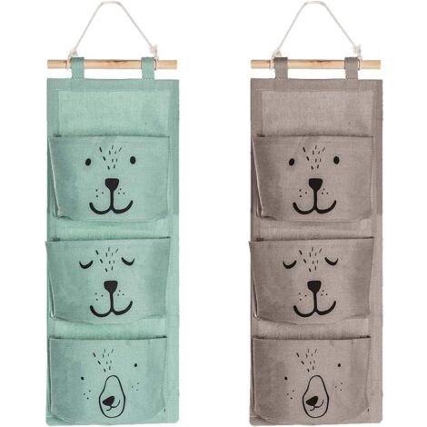 2Pcs Wall Hanging Storage Bag 3 Pocket Linen Fabric Bag Basket Waterproof Storage Pouch for Remote Glasses Jewelry Mail Keys (Gray,Green)