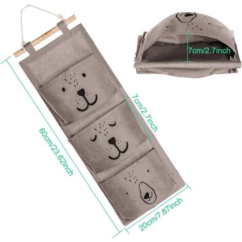 2Pcs Wall Hanging Storage Bag 3 Pocket Linen Fabric Bag Basket Waterproof Storage Pouch for Remote Glasses Jewelry Mail Keys (Gray,Green)