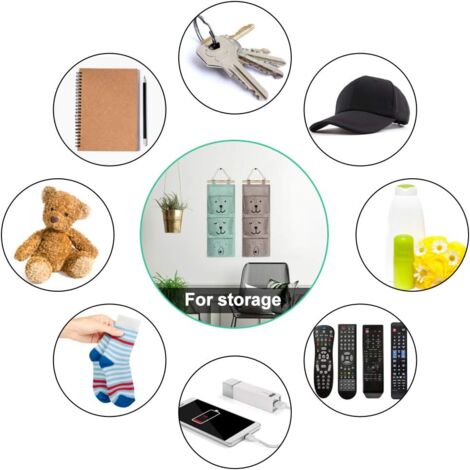 2Pcs Wall Hanging Storage Bag 3 Pocket Linen Fabric Bag Basket Waterproof Storage Pouch for Remote Glasses Jewelry Mail Keys (Gray,Green)