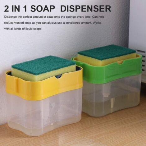Dish Soap Dispenser with Sponge Holder, 2 in 1 Manual Pressure Pump Washing Tool, Countertop Soap Pump Dispenser for Kitchen Bathroom (Pink)