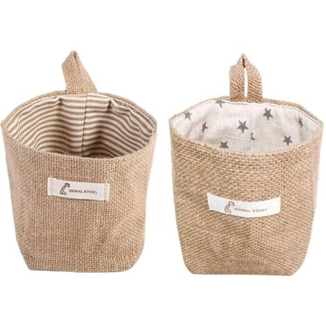 Pieces Cotton Linen Storage Basket Bag, Foldable Storage Basket, Cotton and Linen Storage Basket with Handle, Hanging Storage Bag, for Toys, Makeup, Potted Plants