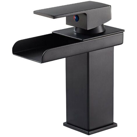 Matte Black Waterfall Bathroom Faucet, Brass Basin Mixer Tap with Cold & Hot Water, Ceramic Valve, Concave Waterfall Design, G 3/8