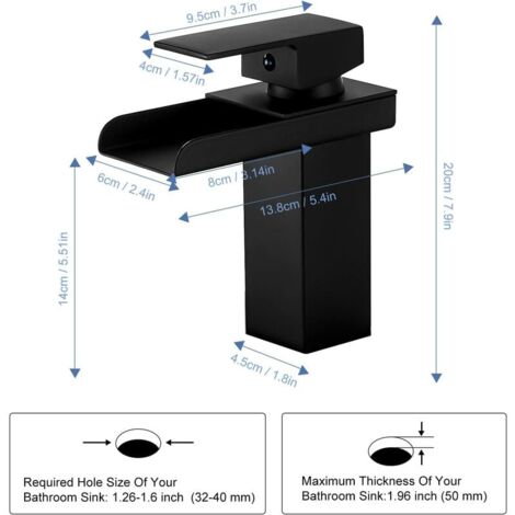 Matte Black Waterfall Bathroom Faucet, Brass Basin Mixer Tap with Cold & Hot Water, Ceramic Valve, Concave Waterfall Design, G 3/8