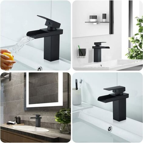 Matte Black Waterfall Bathroom Faucet, Brass Basin Mixer Tap with Cold & Hot Water, Ceramic Valve, Concave Waterfall Design, G 3/8