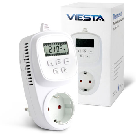 VIESTA® TH12 Termostato a presa – Digitale (230V/3600W), programmabile con memoria EEPROM, protezione antigelo, programma settimanale e display temperatura – per riscaldatori e dispositivi