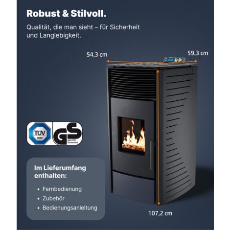 NEMAXX® Stufa a pellet P12 - Riscaldamento a pellet con 13,6 kW – Caminetto elettrico Wi-Fi Ready – Stufa a pellet con elevata emissione di calore e termostato di protezione da surriscaldamento - Nero