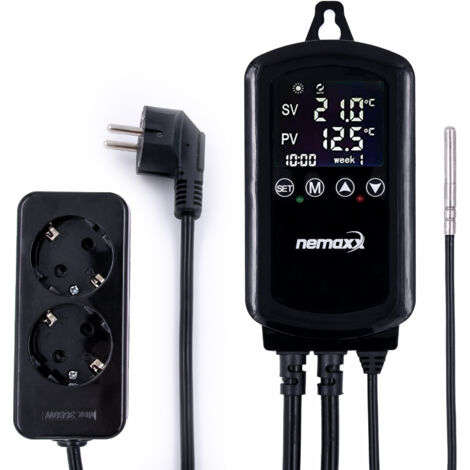 NEMAXX® NTP16 Termostato digitale da presa [230V] – Regolatore di temperatura programmabile con 2 relè/prese e sensore NTC – Termostato per riscaldamento e raffreddamento fino a 3000W/16A – Plug&Play