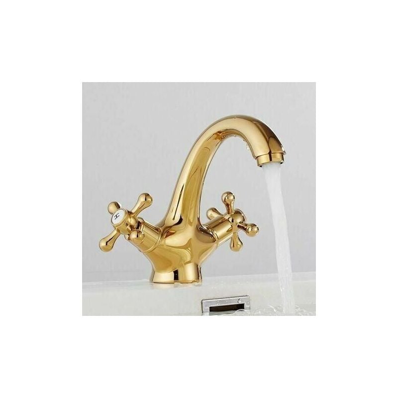 LaBlanc - Retro Bathroom Sink Faucet Two Handle Mixer Tap Vintage Antique Brass Basin Mixer Tap with Cross Handle Elegant Design and Single Holes Gold Plated