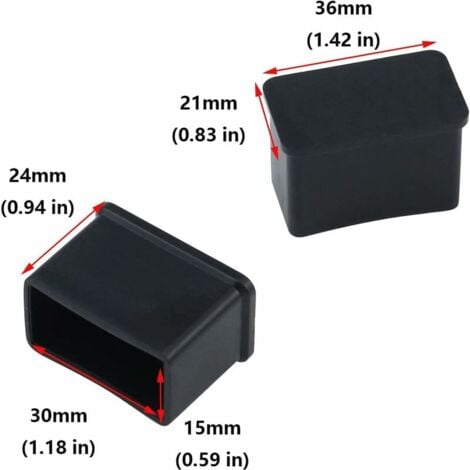 Pack of 12 rectangular rubber felt protective caps for table or chair legs, black, 15 x 30 mm,