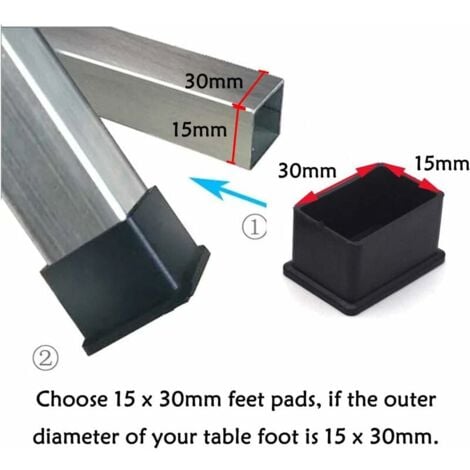 Pack of 12 rectangular rubber felt protective caps for table or chair legs, black, 15 x 30 mm,