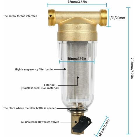 Sedimentation Water Filter, Reusable Filter, External Pre-Filter Sediment Filter, Water Pre-Filter For Well Water Pipe (1/2")