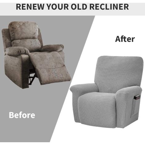 LaBlanc-Set of 4 Stretch Sofa Covers-for Relaxation and Massage Recliner Chair, Elastane, with Jacquard, Light Grey