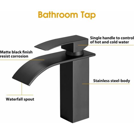Black Waterfall Bathroom Faucet, Waterfall Sink Mixer Tap, Brass Waterfall Sink Faucet with Cold & Hot Water Available, Modern（3/8"）