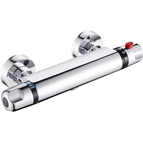 Thermostatic Shower Mixer, Wall Mounted Thermostatic Shower Faucet with 38°C Anti-scald Safety Button Shower Mixer 150mm Center Distance – Chrome