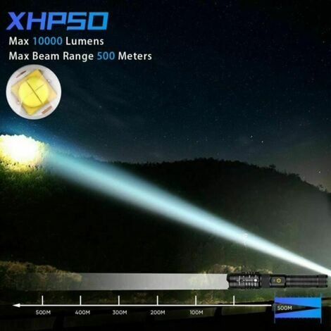 LED Torch Ultra Powerful Torch 10000 Lumens, USB Rechargeable Tactical Military Torch 5 Modes IPX4 Waterproof, Battery Included