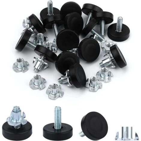 16 Pieces M8 Furniture Leveling Feet Adjustable Furniture Leveler Feet with 16 Pieces T Nuts Screw in Feet for Furniture Cabinets Sofas Tables Chairs