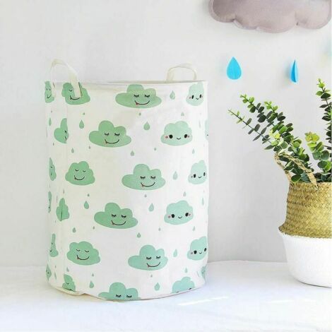 Kids Toy Storage Basket Large Foldable Cotton Laundry Basket with Handle - Green Clouds White