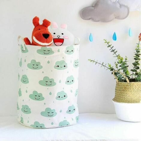 Kids Toy Storage Basket Large Foldable Cotton Laundry Basket with Handle - Green Clouds White