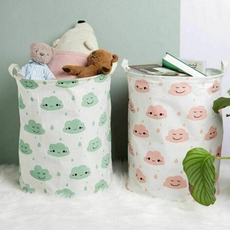 Kids Toy Storage Basket Large Foldable Cotton Laundry Basket with Handle - Green Clouds White