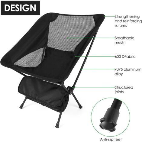 LaBlanc - Folding Camping Chair, Ultra Lightweight Beach Chair with Carry Bag, Folding Fishing Chair for Hiking BBQ and Beach, Black