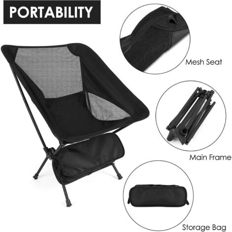 LaBlanc - Folding Camping Chair, Ultra Lightweight Beach Chair with Carry Bag, Folding Fishing Chair for Hiking BBQ and Beach, Black