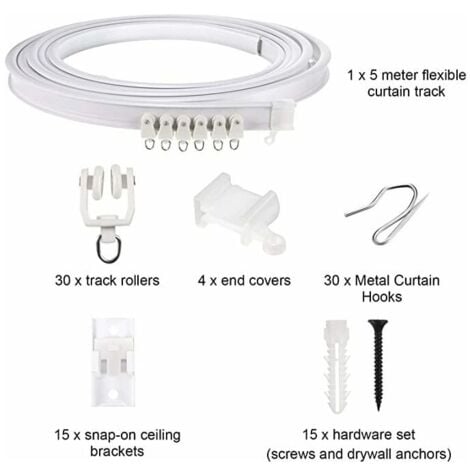 Curtain Rod, Flexible Ceiling Curtain Track for Bay Window, Approx. 5m, Bendable Curved Heavy Duty Plastic Wall Bracket for Room Divider