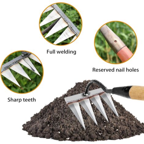 LaBlanc - Garden Rake, Garden Tools, Weeding Rake Gardening Tools, Lawn Rake Scarifier Manual 4 Steel Teeth, Gardening Hoe, for Weeding/Loosening the Soil (without Stick)