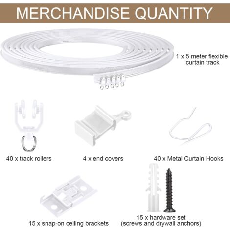 LaBlanc - 5 Meters Bendable Curved Ceiling Curtain Track Flexible Ceiling Curtain Bracket Curved Window Curtain Track with Curtain Rail System (White, Silver Hook)
