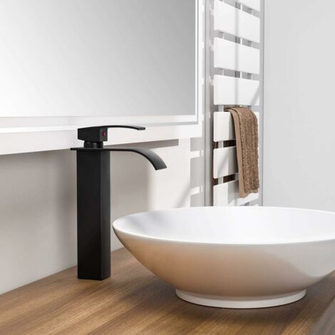 LaBlanc - Black Waterfall Sink Faucet, High Countertop Bathroom Basin Mixer Tap, Large Square Brass Spout Faucet, Hot and Cold Water Available, Spout Height 260MM