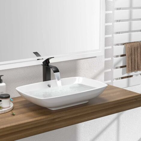 LaBlanc - Black Waterfall Sink Faucet, High Countertop Bathroom Basin Mixer Tap, Large Square Brass Spout Faucet, Hot and Cold Water Available, Spout Height 260MM