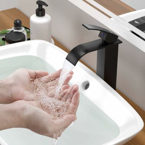LaBlanc - Black Waterfall Sink Faucet, High Countertop Bathroom Basin Mixer Tap, Large Square Brass Spout Faucet, Hot and Cold Water Available, Spout Height 260MM