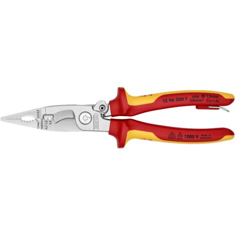 KNIPEX 13 96 200 T Alicate para instalaciones eléctricas Aislado con fundas multicomponente, homologado por VDE con anilla de fijación aislada e integrada para colocar una protección anticaída cromado
