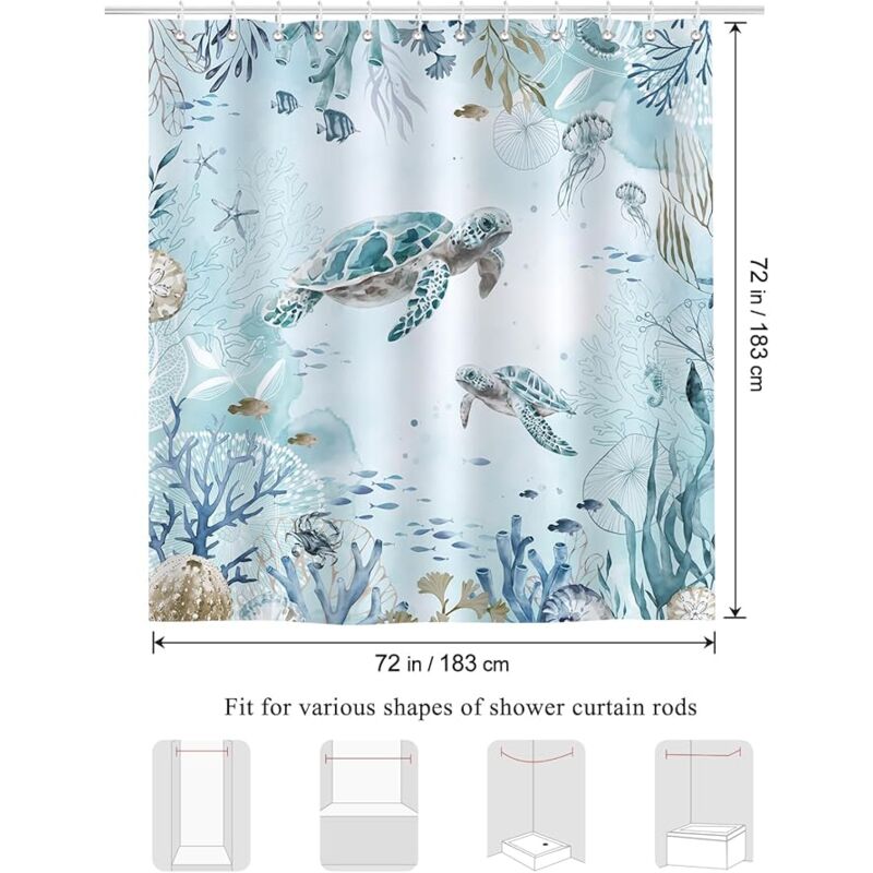 Rideau De Douche Motif Mer Et Palmiers - 180x180cm - Tissu Polyester Anti-Moisissure - 12 Œillets Métal