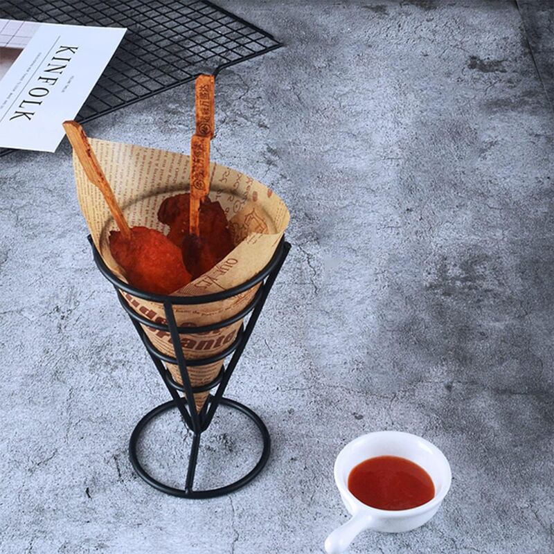 Support Pour Cornet à Frites Métal Avec Porte-Sauce - Présentoir Frites En Acier Inoxydable
