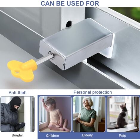Lntyq Lot de 3 serrures de baie coulissantes en aluminium avec clé, bloc de porte coulissante antivol de sécurité réglable pour la sécurité des enfants