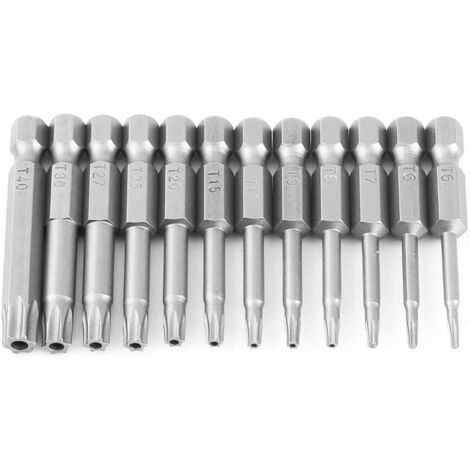 Lot De 12 Embouts De Tournevis à Tête Torx T5 T6 T7 T8 T9 T10 T15 T20 T25 T27 T30 T40 Taille 5,1 Cm Longueur 6,35 Mm Tige Hexagonale S2 En Acier