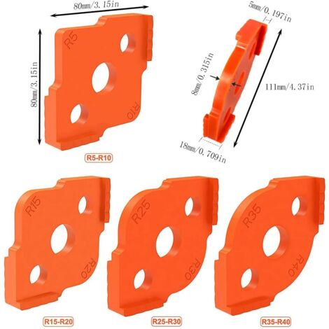 Lntyq Gabarits de Défonceuse à Rayon 4pcs Radius Jig Gabarit de Routeur Calibres D'angle D'affutage pour Outil de Travail du Bois Coins Arrondis R5 R10 R15 R20 R25 R30 R35 R40 (Orange)
