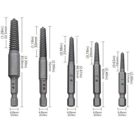 10 Extracteurs Vis Boulons Cassés - Tige Hexagonale 6.35 Mm - Tailles 1# à 5# - Acier Traité Thermique - 11