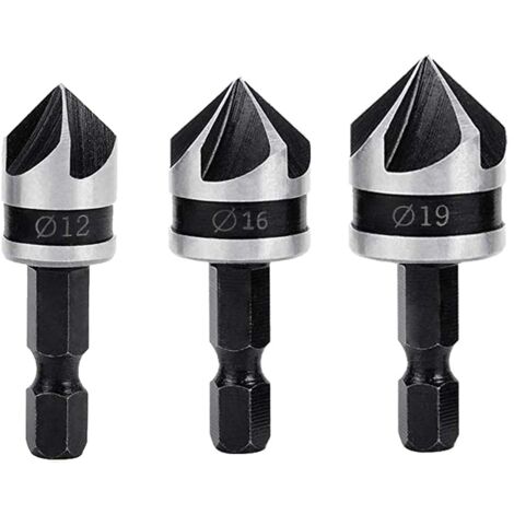 Treki Jeu De 3 Fraises à Chanfreiner 90° - 12mm, 16mm, 19mm - 5 Flûtes Acier Carbone - Pour Bois Et Plastique