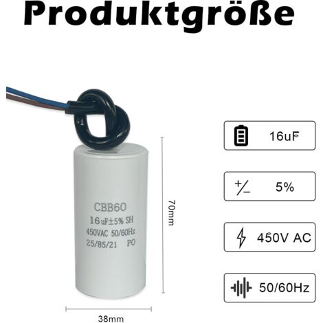 Condensateur De Démarrage 20µF 450V CBB60 – Pour Moteurs électriques, Pompes, Compresseurs - 10