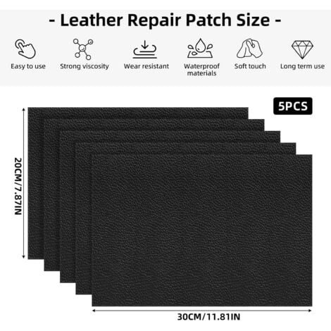 Lntyq 5 Pièce Kit Reparation Cuir, 30 x 20 CM Patch Réparation Cuir, Patch Réparation Cuir, Cuir Autocollant Rouleau, Cuir Patch Kit, Rouleau Adhesif Cuir pour les Voitures et les Canapés (Noir)