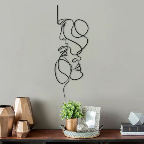 Gatphy Mur Métallique Art Minimaliste 55 x 20 cm Deco Murale Metal Visage Noir Art Ligne Simple Décoration Murale Noir Visage pour Chambre Salle à Manger Cuisine Couloir Bureau (55 x 20