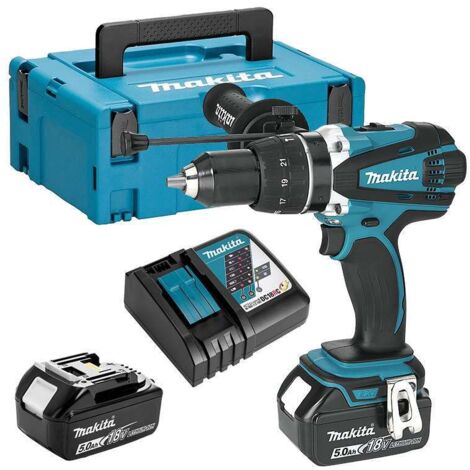 Makita Utensili - Trapano avvitatore a batteria 18V con percussione, 2x batteria da 5,0 Ah, caricabatterie DHP458RTJ